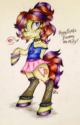 Size: 813x1280 | Tagged: safe, oc, oc only, oc:candy skies, oc:checked privilege, earth pony, pony, alternate hairstyle, clothes, collar, skirt, tank top, wristband