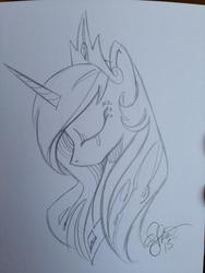 Size: 600x800 | Tagged: safe, artist:andy price, princess celestia, g4, crying, female, monochrome, solo, traditional art