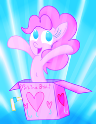 Size: 695x897 | Tagged: safe, artist:mr-degration, pinkie pie, g4, belly, big, big box, box, cute, diapinkes, female, happy, jack-in-the-box, silly, smiling, solo, toy