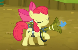Size: 1094x708 | Tagged: safe, edit, edited screencap, screencap, apple bloom, earth pony, pony, twittermite, bloom & gloom, g4, eyes closed, female, filly, pest control gear, pun, smiling, solo, text, twitbuster apple bloom, twitter