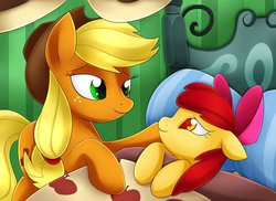 Size: 1024x747 | Tagged: safe, artist:scarlet-spectrum, apple bloom, applejack, bloom & gloom, g4, season 5, apple sisters, bed, cute, duo, female, filly, foal, mare, scene interpretation, siblings, sisters, sweet, sweet dreams fuel