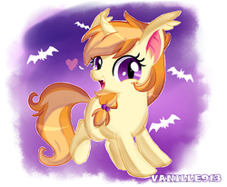 Size: 1280x1054 | Tagged: safe, artist:spookyle, oc, oc only, oc:pumpkin patch, bat, bat pony, bat pony unicorn, pony, unicorn, wingless bat pony, curved horn, cute, cute little fangs, fangs, female, filly, freckles, happy, heart, horn, looking at you, ocbetes, open mouth, smiling, solo