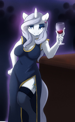 Size: 1490x2402 | Tagged: safe, artist:maim, oc, oc only, oc:platinum decree, unicorn, anthro, unguligrade anthro, alcohol, anthro oc, bedroom eyes, breasts, clothes, cutie mark, dress, earring, eyeshadow, female, garter, lipstick, looking at you, makeup, piercing, side slit, smiling, socks, solo, stockings, thigh highs, wine, wine glass