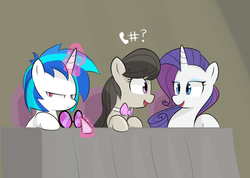 Size: 1280x910 | Tagged: safe, artist:lance, dj pon-3, octavia melody, rarity, vinyl scratch, earth pony, pony, unicorn, bloom & gloom, g4, bow, bowtie, female, jealous, looking at each other, magic, mare, open mouth, scene interpretation, trio