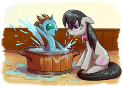 Size: 800x566 | Tagged: safe, artist:yulyeen, octavia melody, changeling, hybrid, nymph, g4, backwards cutie mark, bath, duo, duo male and female, female, foal, hybrid offspring, male, mother and child, mother and son, octavia is not amused, parent:octavia melody, splashing, unamused, washtub, water, wet, wet bowtie, wet mane