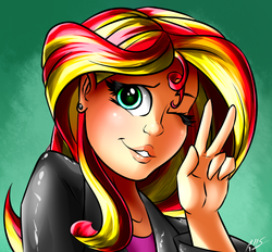 Size: 1008x934 | Tagged: safe, artist:drizziedoodles, sunset shimmer, equestria girls, g4, earring, female, humanized, piercing, solo