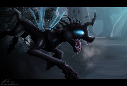 Size: 1280x869 | Tagged: safe, artist:duh-veed, changeling, drool, fangs, flying, forest, open mouth, sharp teeth, solo, tongue out