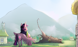 Size: 1280x776 | Tagged: safe, artist:imsokyo, spike, twilight sparkle, alicorn, dragon, pony, daily life of spike, g4, duo, female, golden oaks library, hug, male, mare, rest in peace, scene interpretation, twilight sparkle (alicorn), winghug