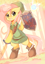 Size: 2975x4200 | Tagged: safe, artist:pekou, fluttershy, fairy, pegasus, pony, g4, bipedal, clothes, crossover, cute, female, hat, high res, hylian shield, link, mare, navi, nintendo, shield, shyabetes, solo, sword, the legend of zelda, tunic, video game, weapon