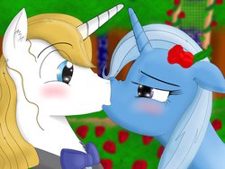 Size: 1024x768 | Tagged: safe, artist:konfettimayhem, prince blueblood, trixie, pony, unicorn, g4, blushing, female, kissing, male, mare, rose, ship:bluetrix, shipping, straight