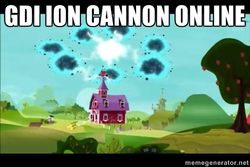 Size: 500x333 | Tagged: safe, screencap, bloom & gloom, g4, command and conquer, global defense initiative, image macro, ion cannon, meme, sweet apple acres