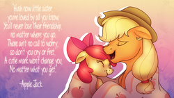 Size: 1600x900 | Tagged: safe, artist:vampireselene13, apple bloom, applejack, earth pony, pony, bloom & gloom, g4, adorabloom, crying, cute, female, filly, foal, lyrics, mare, singing, sisters