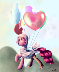 Size: 900x1100 | Tagged: safe, artist:mastgrr, pinkie pie, bloom & gloom, g4, animal costume, balloon, chicken pie, chicken suit, clothes, costume, female, floating, heart balloon, pixiv, solo, then watch her balloons lift her up to the sky