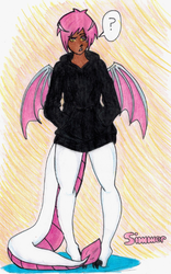 Size: 477x766 | Tagged: safe, artist:sola-shines, oc, oc only, oc:simmer, dragon, satyr, clothes, cute, frown, hoodie, looking at you, male, offspring, parent:fizzle, question mark, raised eyebrow, solo, trap, wings