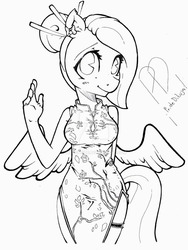 Size: 1024x1362 | Tagged: safe, artist:swagpride, fluttershy, anthro, g4, alternate hairstyle, breasts, busty fluttershy, cheongsam, chopsticks in hair, clothes, female, lineart, monochrome, solo