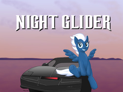 Size: 3179x2381 | Tagged: safe, artist:adenyne, night glider, g4, the cutie map, car, female, grin, high res, kitt, knight rider, looking at you, pontiac firebird, pun, sitting, smiling, solo, spread wings, underhoof