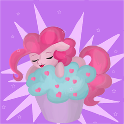 Size: 800x800 | Tagged: safe, artist:arctic-fox-snow, pinkie pie, g4, :3, :p, cupcake, cute, diapinkes, eyes closed, female, floppy ears, prone, sleeping, smiling, solo, tongue out