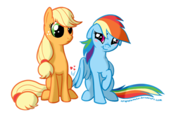 Size: 810x540 | Tagged: safe, artist:arofatamahn, applejack, rainbow dash, earth pony, pegasus, pony, g4, :t, blushing, butt touch, commission, confused, duo, feathermarking, female, floppy ears, frown, heart, lesbian, never doubt tchernobog's involvement, raised hoof, scrunchy face, ship:appledash, shipping, simple background, sitting, smiling, transparent background
