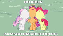 Size: 1280x720 | Tagged: safe, screencap, apple bloom, scootaloo, sweetie belle, g4, caption, cutie mark crusaders, lyrics, paul simon