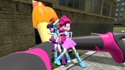 Size: 1280x720 | Tagged: artist needed, safe, artist:wedges17, pinkie pie, rainbow dash, sunset shimmer, twilight sparkle, equestria girls, g4, 3d, boots, bracelet, clothes, day, door, giantess, gmod, high heel boots, macro, pushing, skirt, stuck