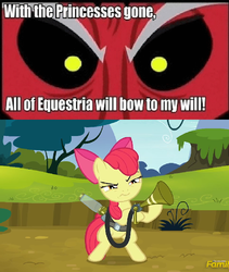 Size: 588x696 | Tagged: safe, apple bloom, lord tirek, bloom & gloom, g4, my little pony: friendship is magic, exploitable meme, meme, pest control gear, tirek is doomed, tirek vs everyone meme, twitbuster apple bloom