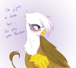 Size: 900x800 | Tagged: safe, artist:adequality, artist:glacierclear, artist:glacierclear edits, edit, gilda, griffon, g4, blushing, cute, dialogue, female, gildadorable, gildere, tsundere