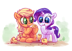Size: 1525x1075 | Tagged: safe, artist:whitediamonds, applejack, rarity, chicken, earth pony, pony, unicorn, rarijack daily, g4, blushing, chick, cute, duo, female, filly, filly applejack, filly rarity, foal, freckles, grin, hatless, jackabetes, lesbian, missing accessory, open mouth, raised hoof, raribetes, ship:rarijack, shipping, smiling, sweet dreams fuel, weapons-grade cute, younger