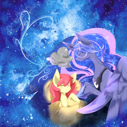 Size: 1000x1000 | Tagged: safe, artist:nabebuta, apple bloom, princess luna, alicorn, earth pony, pony, bloom & gloom, g4, my little pony: friendship is magic, dream walker luna, duo, eyes closed, female, jewelry, mare, regalia