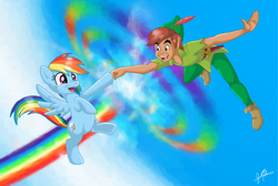 Size: 900x603 | Tagged: safe, artist:panda-jenn, rainbow dash, human, pegasus, pony, g4, crossover, female, hoofbump, male, peter pan, sonic rainboom