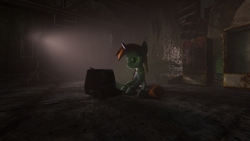 Size: 3840x2160 | Tagged: safe, artist:ijustwantacoolwig, oc, oc only, oc:littlepip, pony, unicorn, fallout equestria, 3d, burned, clothes, fanfic, fanfic art, female, high res, jumpsuit, lights, mare, pipbuck, refrigerator, ruins, solo, source filmmaker, terminal, vault suit