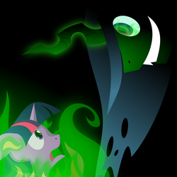 Size: 3000x3000 | Tagged: safe, artist:thishomeboy24, queen chrysalis, twilight sparkle, changeling, changeling queen, pony, unicorn, g4, female, green fire, grin, high res, magic, sinister, unicorn twilight