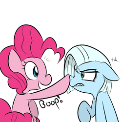 Size: 1000x1000 | Tagged: safe, artist:slowcoloringfag, pinkie pie, oc, oc:tracy cage, g4, boop