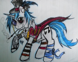 Size: 1005x796 | Tagged: safe, artist:haterthepony, dj pon-3, vinyl scratch, g4, cigarette, cigarette holder, clothes, dress, earring, female, hat, monocle, piercing, smoking, solo, steampunk