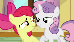 Size: 1920x1080 | Tagged: safe, screencap, apple bloom, sweetie belle, bloom & gloom, g4, lidded eyes, out of context