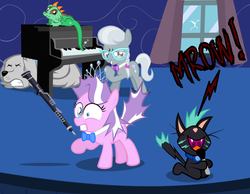 Size: 800x622 | Tagged: safe, artist:magerblutooth, diamond tiara, silver spoon, oc, oc:dazzle, cat, earth pony, iguana, pony, g4, female, filly, foal, musical instrument, oboe, piano
