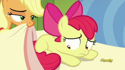 Size: 1920x1080 | Tagged: safe, screencap, apple bloom, applejack, bloom & gloom, g4, lidded eyes, out of context