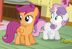 Size: 861x587 | Tagged: safe, screencap, scootaloo, sweetie belle, pegasus, pony, unicorn, bloom & gloom, g4, animation error, cropped, duo, female, filly, foal