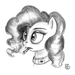 Size: 960x960 | Tagged: safe, artist:gela-g-i-s-gela, pinkie pie, g4, cigarette, female, grayscale, monochrome, simple background, smoking, solo, traditional art