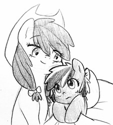 Size: 2217x2448 | Tagged: safe, artist:kianamai, apple bloom, oc, oc:red june, g4, aunt and niece, female, filly, freckles, high res, monochrome, next generation, offspring, older, parent:big macintosh, parent:cheerilee, parents:cheerimac, pencil drawing, traditional art