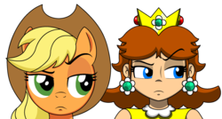 Size: 2000x1070 | Tagged: safe, artist:koopa-master, applejack, human, g4, three's a crowd, apple daisy, applejack's eyebrow, crossover, eyebrows, parody, princess daisy, raised eyebrow, super mario bros., super mario land, suspicious face