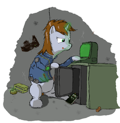 Size: 900x927 | Tagged: safe, artist:metropony, oc, oc only, oc:littlepip, pony, unicorn, fallout equestria, clothes, computer, dethklop, fallout, fallout 3, fanfic, fanfic art, female, horn, jumpsuit, lockpicking, mare, metro 2033, pipbuck, safe (object), solo, stable 2033, terminal, toaster, toaster repair pony, vault suit