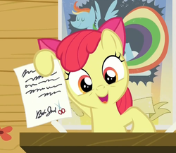 Size: 1019x883 | Tagged: safe, screencap, apple bloom, earth pony, pony, bloom & gloom, g4, cutie mark, female, rainbow dash poster, reaction image, solo