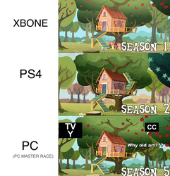 Size: 924x960 | Tagged: safe, screencap, g4, season 1, season 2, season 5, clubhouse, comparison, console wars, crusaders clubhouse, op is a duck, op is trying to start shit, pc master race, playstation 4, treehouse, xbox one