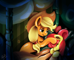 Size: 1024x840 | Tagged: safe, artist:shivall, apple bloom, applejack, bloom & gloom, g4, my little pony: friendship is magic, bed, sisters