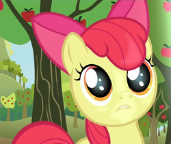 Size: 1278x1080 | Tagged: safe, screencap, apple bloom, earth pony, pony, bloom & gloom, g4, adorabloom, apple tree, bow, cute, female, filly, hair bow, looking at something, reaction image, solo, tree