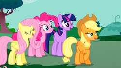 Size: 1366x768 | Tagged: safe, screencap, applejack, fluttershy, pinkie pie, twilight sparkle, g4, suited for success