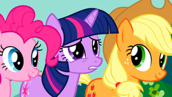 Size: 1366x768 | Tagged: safe, screencap, applejack, pinkie pie, twilight sparkle, g4, suited for success, varying degrees of want