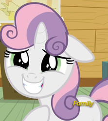 Size: 924x1040 | Tagged: safe, screencap, sweetie belle, pony, unicorn, bloom & gloom, g4, cute, diasweetes, female, filly, floppy ears, grin, raised hoof, reaction image, smiling, solo