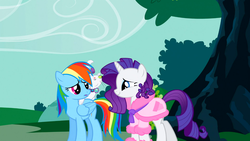 Size: 1366x768 | Tagged: safe, screencap, opalescence, rainbow dash, rarity, g4, suited for success, scrunchy face
