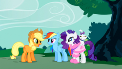 Size: 1366x768 | Tagged: safe, screencap, applejack, opalescence, rainbow dash, rarity, g4, suited for success, smiling